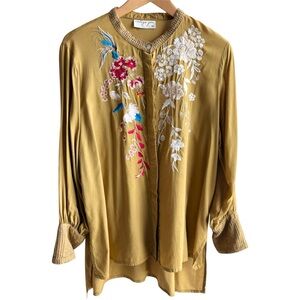 Vintage Goa Embroidered Tunic Button Down Top Size Medium Mustard Yellow Green
